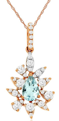 .70CT DIAMOND & AAA AQUAMARINE 14KT ROSE GOLD PEAR SHAPE & ROUND FLOWER PENDANT