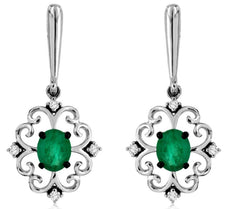 .78CT DIAMOND & AAA EMERALD 14KT WHITE GOLD OVAL & ROUND FLOWER HANGING EARRINGS