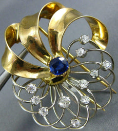 ANTIQUE LARGE 2.80CT DIAMOND & AAA SAPPHIRE 14KT 2 TONE GOLD FLOWER BROOCH #2402