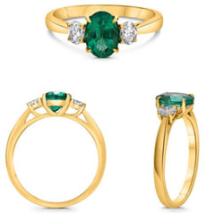 1.33CT DIAMOND & AAA EMERALD 18KT YELLOW GOLD 3D OVAL 3 STONE ENGAGEMENT RING