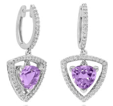ESTATE 2.93CT DIAMOND & AAA AMETHYST 14K WHITE GOLD HALO HUGGIE HANGING EARRINGS