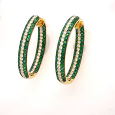 4.53CT DIAMOND & AAA EMERALD 18KT YELLOW GOLD INSIDE OUT HOOP HANGING EARRINGS