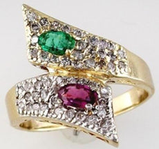 .87CT DIAMOND & AAA RUBY & AAA EMERALD 14KT YELLOW GOLD 3D OVAL & ROUND FUN RING