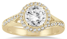 1.38CT DIAMOND 14KT YELLOW GOLD 3D ROUND HALO BEZEL CRISS CROSS ENGAGEMENT RING