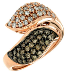 1.0CT WHITE & MOCHA DIAMOND 14KT ROSE & BLACK GOLD DOUBLE LEAF CRISS CROSS RING