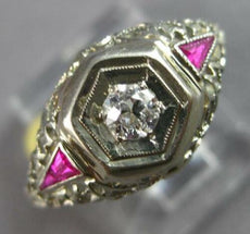 ANTIQUE ART DECO .16CT OLD MINE DIAMOND & AAA RUBY 18K WHITE GOLD 3D RING #27470