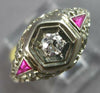 ANTIQUE ART DECO .16CT OLD MINE DIAMOND & AAA RUBY 18K WHITE GOLD 3D RING #27470