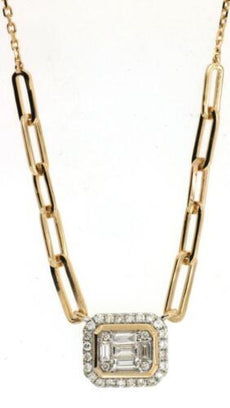 .36CT DIAMOND 14KT 2 TONE GOLD ROUND & BAGUETTE CLUSTER SQUARE HALO LOVE ECKLACE