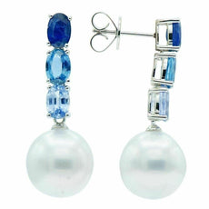 LARGE 3.0CT AAA SOUTH SEA PEARL & SAPPHIRE 18KT WHITE GOLD OVAL HANGING EARRINGS