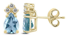 .54CT DIAMOND & AAA AQUAMARINE 14KT YELLOW GOLD PEAR SHAPE & ROUND STUD EARRINGS
