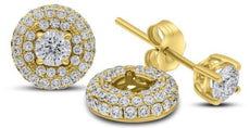 LARGE 1.56CT DIAMOND 14KT YELLOW GOLD 3D SOLITAIRE 3 ROW STUD JACKET EARRING SET