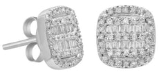 .31CT DIAMOND 14KT WHITE GOLD 3D ROUND & BAGUETTE MULTI ROW SQUARE STUD EARRINGS