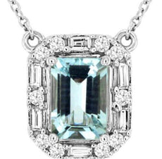1.09CT DIAMOND & AAA AQUAMARINE 14K WHITE GOLD EMERALD CUT OCTAGON LOVE NECKLACE