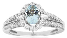 1.24CT DIAMOND & AAA AQUAMARINE 14K WHITE GOLD OVAL ROUND & BAGUETTE FLORAL RING