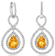 2.70CT DIAMOND & AAA CITRINE 14KT WHITE GOLD 3D PEAR SHAPE & ROUND LOVE EARRINGS