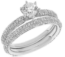 1.63CT DIAMOND 14KT WHITE GOLD ROUND MULTI ROW PAVE ENGAGEMENT WEDDING RING SET