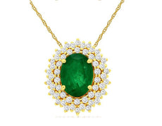 1.43CT DIAMOND & AAA EMERALD 14K YELLOW GOLD 3D OVAL & ROUND DOUBLE HALO PENDANT