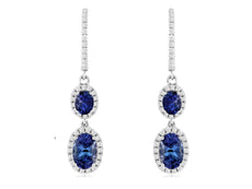 1.58CT DIAMOND & AAA TANZANITE 14K WHITE GOLD OVAL & ROUND HALO HANGING EARRINGS