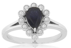 1.14CT DIAMOND & AAA SAPPHIRE 14KT WHITE GOLD PEAR SHAPE & ROUND FLORAL FUN RING