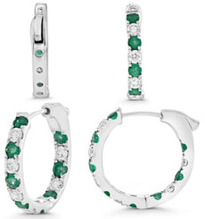 1.05CT DIAMOND & AAA EMERALD 14KT WHITE GOLD 3D INSIDE OUT HUGGIE FUN EARRINGS