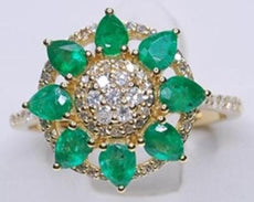 1.44CT DIAMOND & AAA EMERALD 14KT YELLOW GOLD PEAR SHAPE & ROUND FLOWER FUN RING