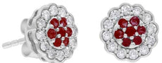 ESTATE .58CT DIAMOND & AAA RUBY 14KT WHITE GOLD 3D CLASSIC FLOWER STUD EARRINGS
