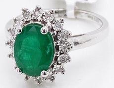 2.11CT DIAMOND & AAA EMERALD 14KT WHITE GOLD OVAL & ROUND FLOWER ENGAGEMENT RING