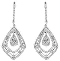 LARGE 1.73CT DIAMOND 14K WHITE GOLD CLUSTER ELONGATED TEAR DROP HANGING EARRINGS