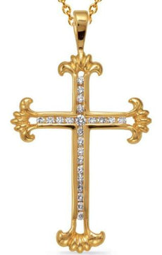 .30CT DIAMOND 14KT YELLOW GOLD 3D ROUND CHANNEL FLORAL CROSS FLOATING PENDANT