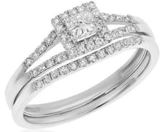 .49CT DIAMOND 14KT WHITE GOLD PRINCESS & ROUND HALO ENGAGEMENT WEDDING RING SET