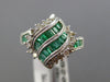 ESTATE WIDE 1.18CT DIAMOND & AAA EMERALD 14KT WHITE GOLD 3D LEAF MULTI WAVE RING