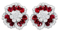 ESTATE LARGE 14CT DIAMOND & AAA RUBY PLATINUM OVAL & ROUND FLOWER STUD EARRINGS
