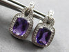 1.72CT DIAMOND & AAA AMETHYST 14KT WHITE GOLD CUSHION & ROUND HANGING EARRINGS