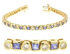 6.91CT DIAMOND & AAA TANZANITE 14KT YELLOW GOLD ROUND & PRINCESS TENNIS BRACELET