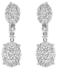 1.56CT DIAMOND 18K WHITE GOLD 3D ROUND CLUSTER DOUBLE OVAL LOVE HANGING EARRINGS