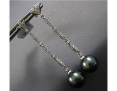 ESTATE LARGE .42CT DIAMOND & AAA TAHITIAN PEARL 18KT WHITE GOLD FLORAL HANGING EARRINGS