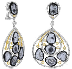 EXTRA LARGE 8.05CT WHITE & SLICE DIAMOND 18KT 2 TONE GOLD 3D TEAR DROP EARRINGS