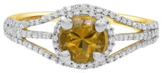 1.09CT DIAMOND & AAA CITRINE 14KT 2 TONE GOLD 3D ROUND HALO FRIENDSHIP LOVE RING