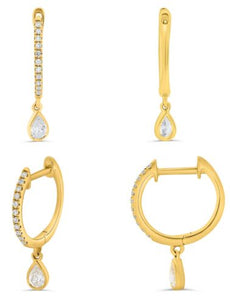 .21CT DIAMOND 14KT YELLOW GOLD ROUND & PEAR SHAPE TEAR DROP FUN HANGING EARRINGS