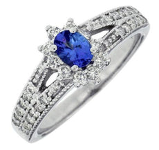 .80CT DIAMOND & AAA TANZANITE 14KT WHITE GOLD 3D OVAL & ROUND FLOWER LOVE RING