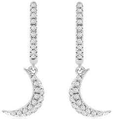 ESTATE .25CT DIAMOND 14KT WHITE GOLD 3D CLASSIC MOON CRESCENT HANGING EARRINGS