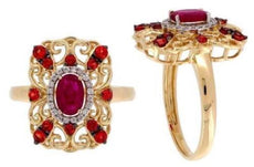 1.02CT DIAMOND & AAA RUBY 14KY YELLOW GOLD OVAL & ROUND FLOWER FILIGREE FUN RING
