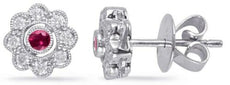 .34CT DIAMOND & AAA RUBY 14KT WHITE GOLD FILIGREE MILGRAIN FLOWER STUD EARRINGS