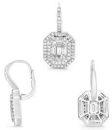 LARGE 1.29CT DIAMOND 14KT WHITE GOLD ROUND & BAGUETTE INVISIBLE OCTAGON EARRINGS