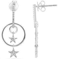 .17CT DIAMOND 14K WHITE GOLD 3D CIRCLE OF LIFE DOUBLE STAR FUN HANGING EARRINGS