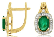 1.58CT DIAMOND & AAA EMERALD 14KT YELLOW GOLD 3D OVAL & ROUND LEVERBACK EARRINGS