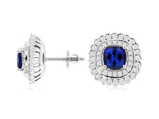 3.02CT DIAMOND & AAA TANZANITE 14K WHITE GOLD 3D CUSHION SCREWBACK STUD EARRINGS