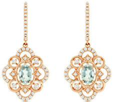 1.25CT DIAMOND And AAA AQUAMARINE 14KT ROSE GOLD 3D OVAL & ROUND HANGING EARRINGS