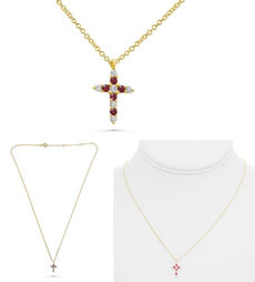 .28CT DIAMOND & AAA RUBY 14KT YELLOW GOLD 3D CLASSIC CROSS ADJUSTABLE PENDANT