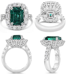 8.56CT DIAMOND & AAA EMERALD PLATINUM EMERALD CUT & ROUND FLORAL ENGAGEMENT RING